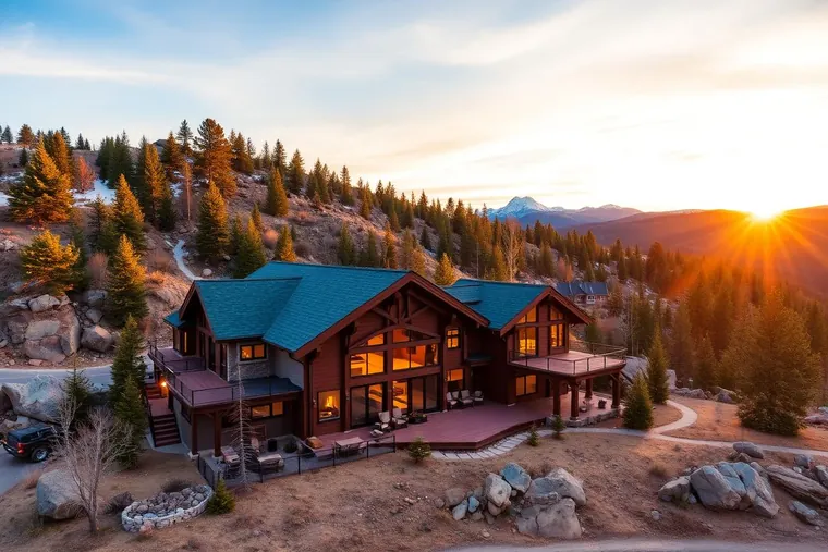A mountain home with a multi-level deck, seen from above as the sun sets