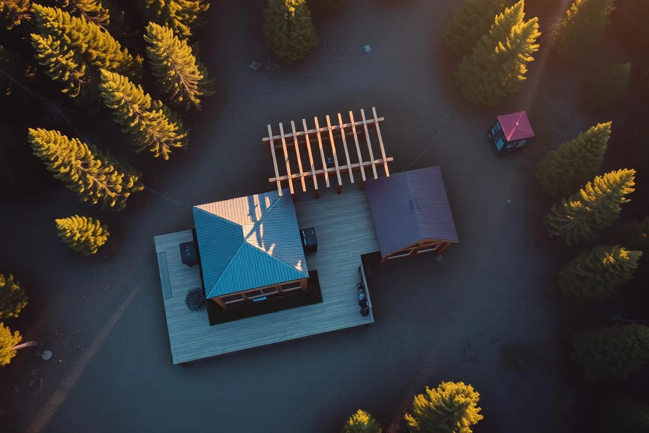 Overhead view of a pergola and deck with frost on the ground around them