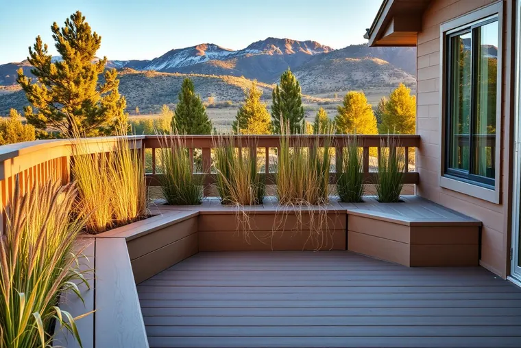 A built-in bench and planters along the edge of a deck