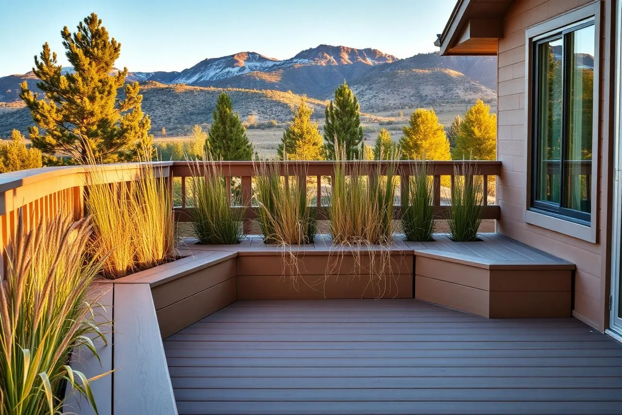 Built-in bench seating and planters on a composite deck with a snow-capped peak in the distance