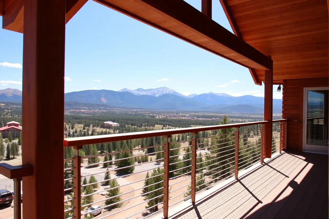 Cable railing on a deck with an open mountain view and a cedar tongue-and-groove ceiling above