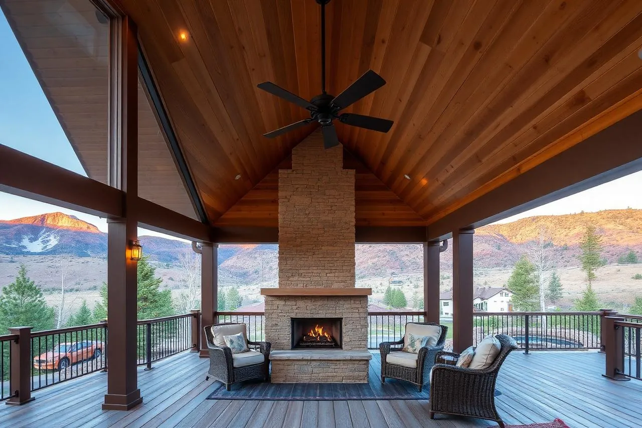 A covered deck with a stone fireplace and seating, mountains beyond