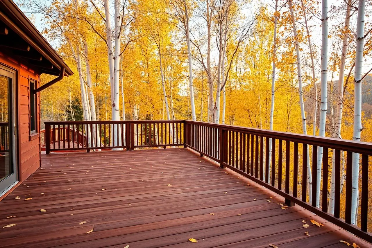 A deck railing framing aspens in full autumn gold