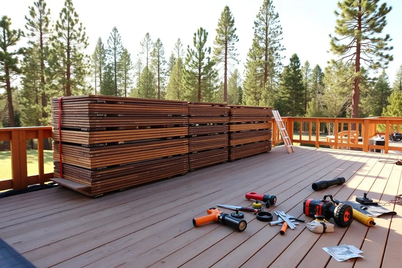 Decking boards stacked on a partly built deck frame