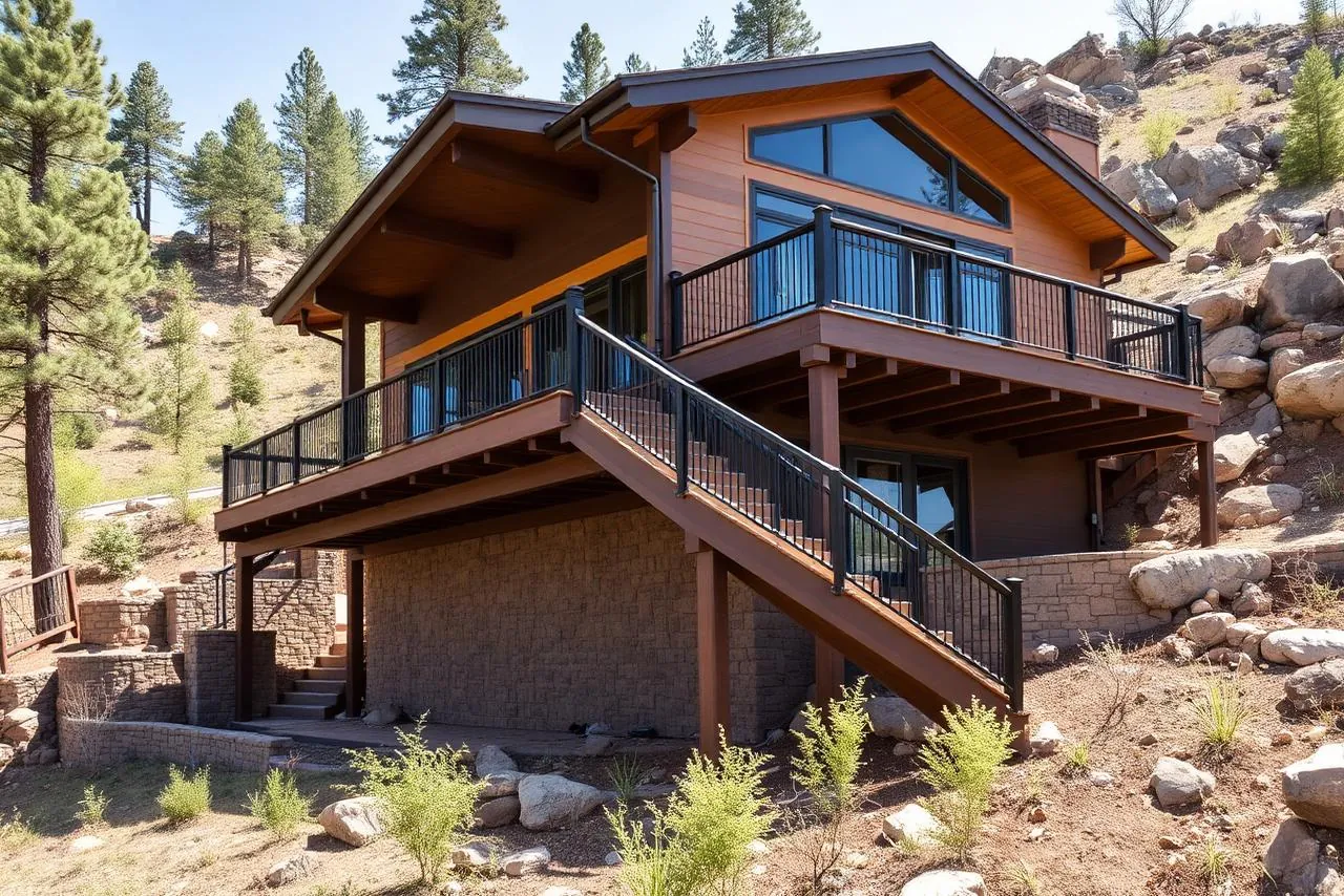 An elevated deck and stair run on a sloping lot