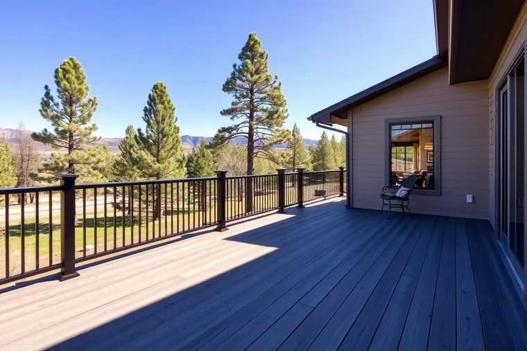 A gray composite deck with black metal railing under pines
