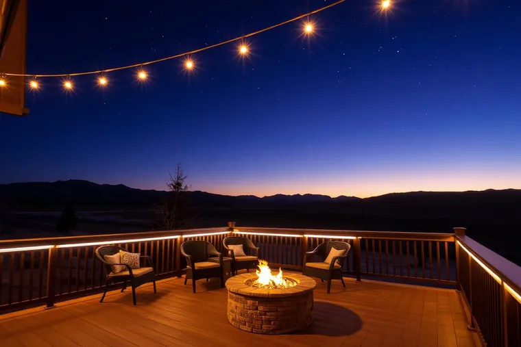 A fire pit burning on a deck after dark, ridgeline behind
