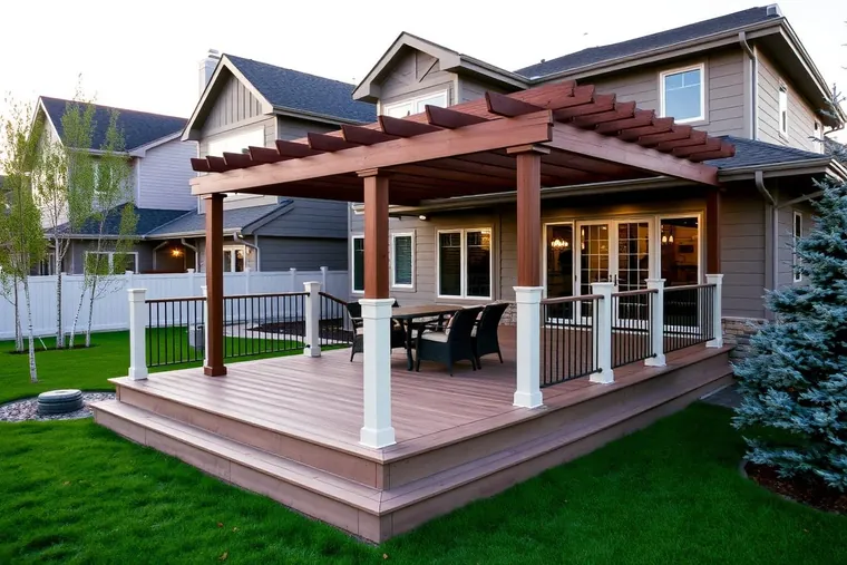 A pergola casting shadow across a composite deck