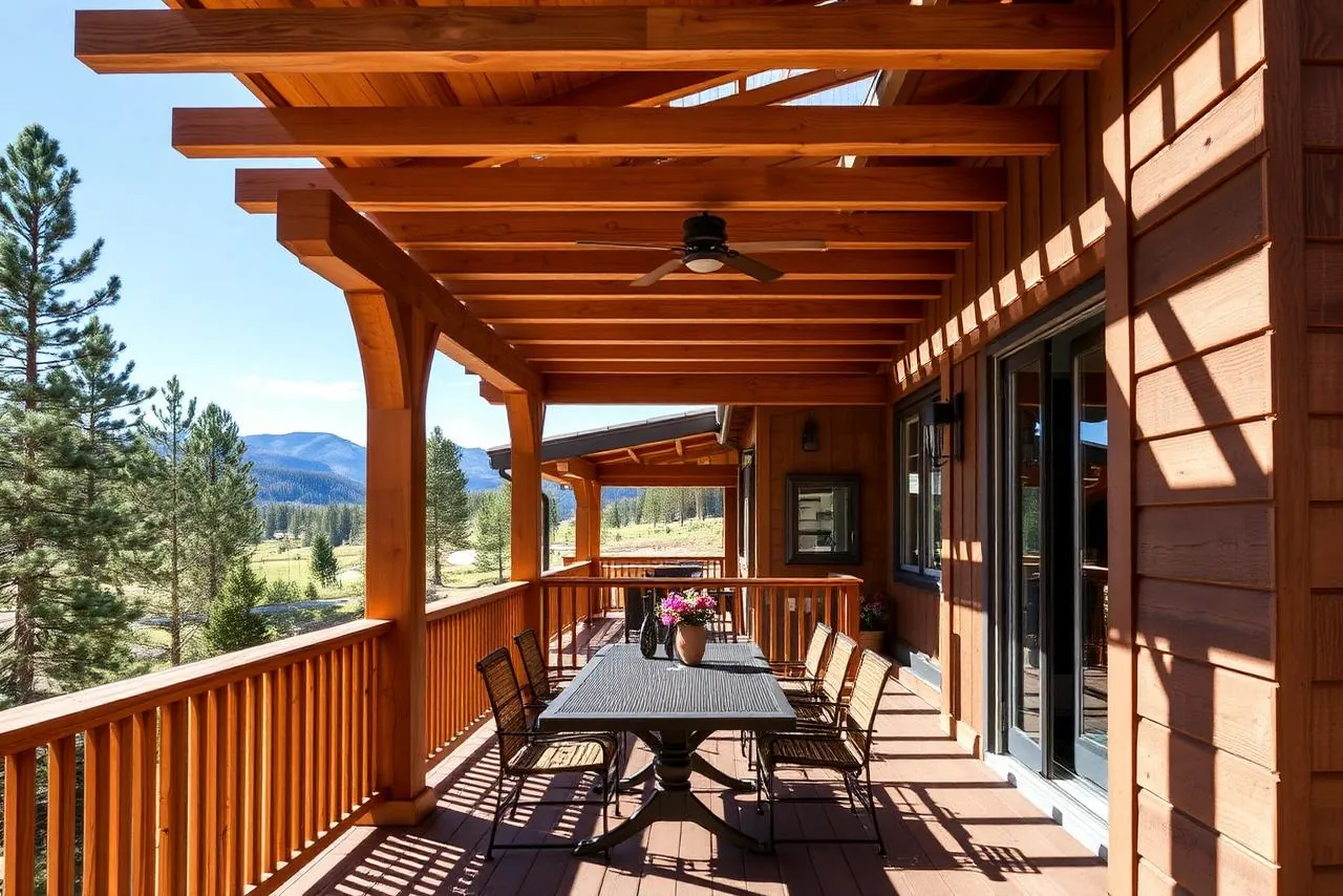 A long covered deck with a dining table set beneath it