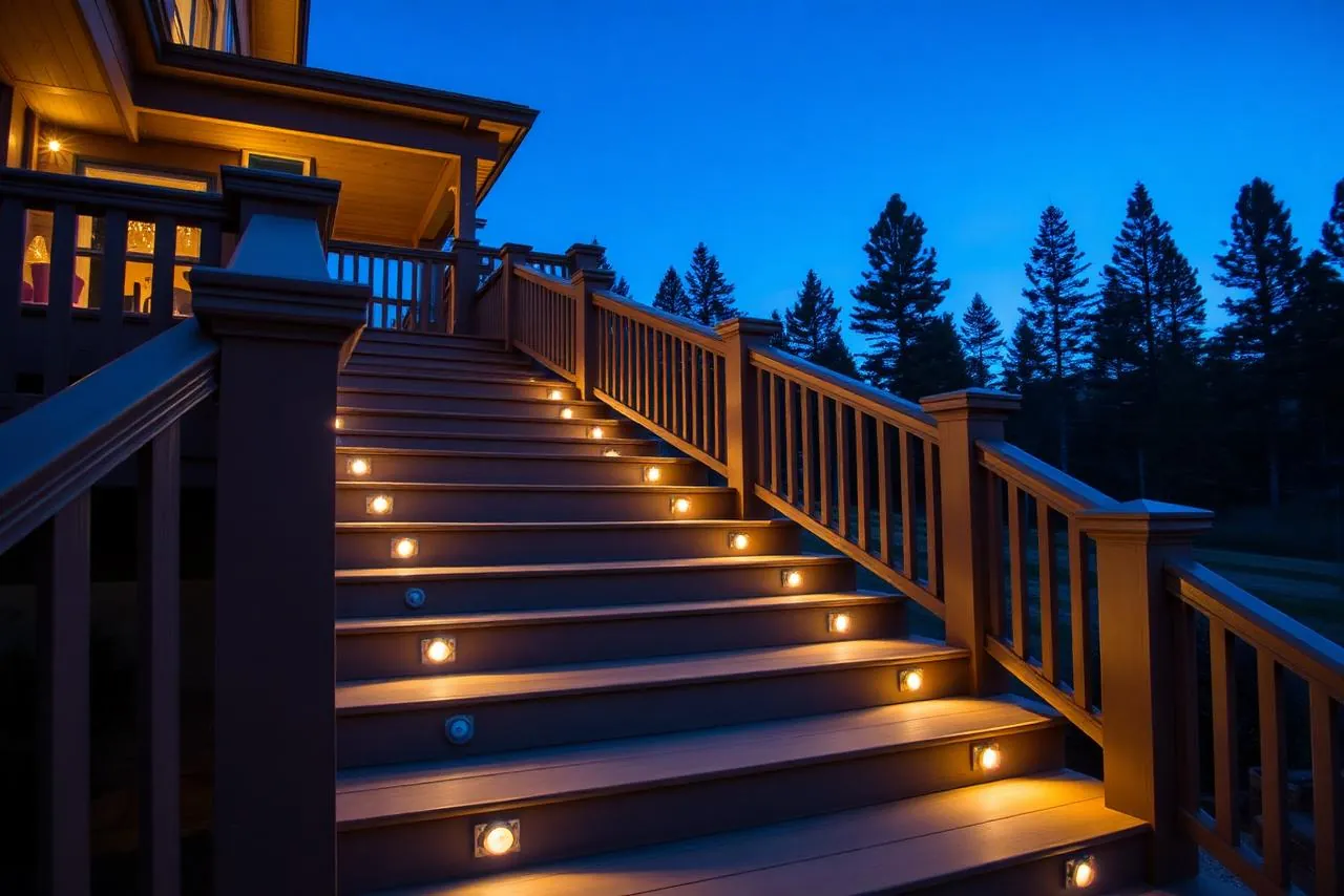 A wide deck stair flight at dusk with riser lights lit and guard on both sides