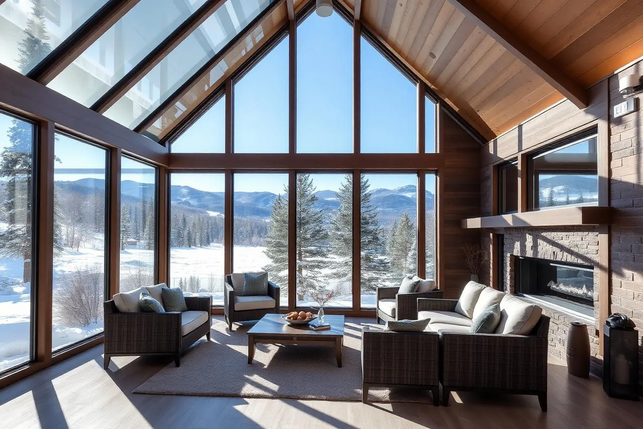 Interior of a glassed four-season room with snow on the ground outside